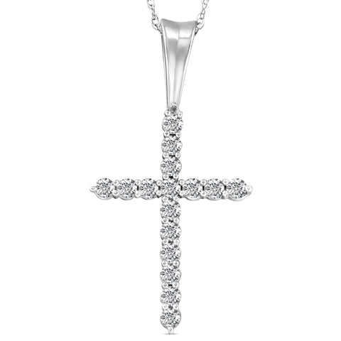 1/2 Ct Diamond Cross Pendant Necklace 18" White Gold (1" tall)