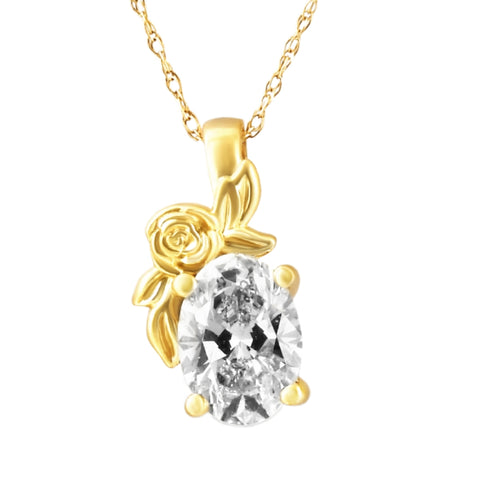 1 Ct Oval Diamond Solitaire Pendant Lab Grown Floral 14k Yellow Gold Necklace