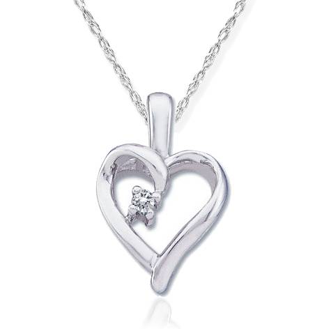 Diamond Solitaire Heart Pendant 14K White Gold With 18" Chain