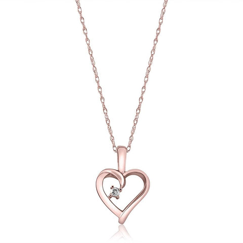 Diamond Solitaire Heart Pendant 14K Rose Gold With 18" Chain