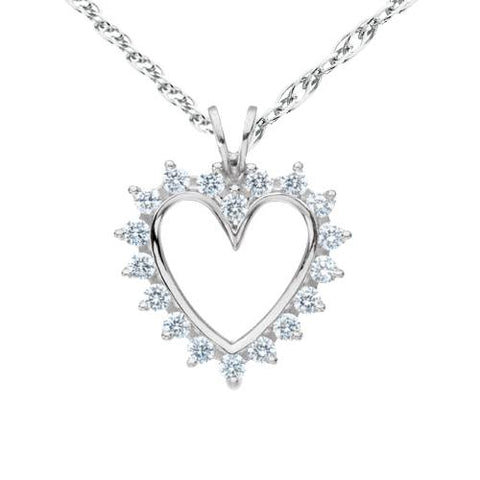1/2 Ct Diamond 14K White Solid Gold 1 Inch Heart Pendant Necklace