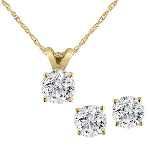 Diamond Solitaire Necklace & Studs Earrings Set 3/4 Carat tw 14K Yellow Gold