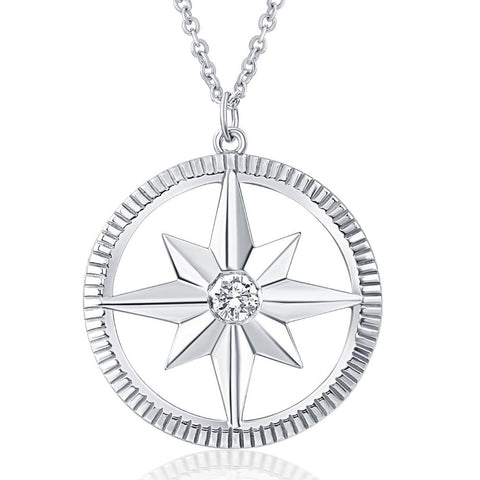 Compass Diamond Solitaire Pendant 14k White Gold Women's Necklace