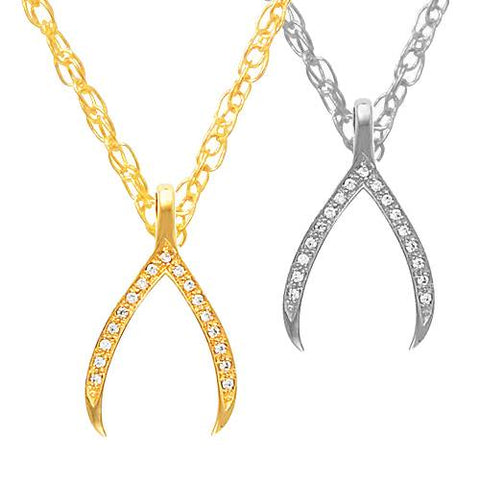 1/5Ct Diamond Wishbone Pendant In 14K White & Yellow Gold 1" Tall