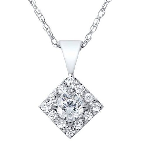 1/4ct Diamond Halo Princess Shape Pendant Necklace Solid 14K White Gold