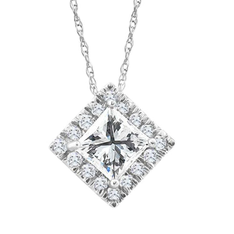 1 1/5Ct TW Princess Cut Diamond (1ct center) Diamond Halo Pendant Gold Necklace