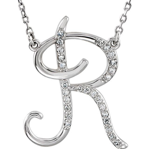 Diamond "R" Initial Pendant 18" Necklace 14K White Gold