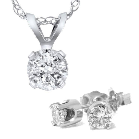1 5/8 Carat Diamond Solitaire Necklace & Studs Earrings Set 14K White Gold