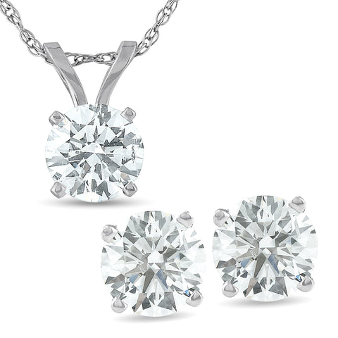 2 Cttw Round Cut Diamond Solitaire Necklace & Studs Earrings Set 14K White Gold