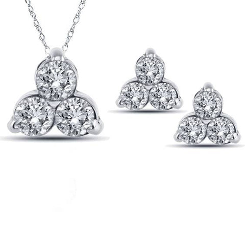 Women's 2ct 3 Stone Diamond Earrings & Matching Pendant Set 14K White Gold