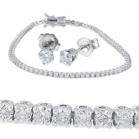 3ct Diamond Studs & Tennis Bracelet Set 14K White Gold