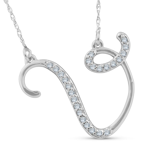 Diamond "V" Initial Pendant 18" Necklace 14K White Gold