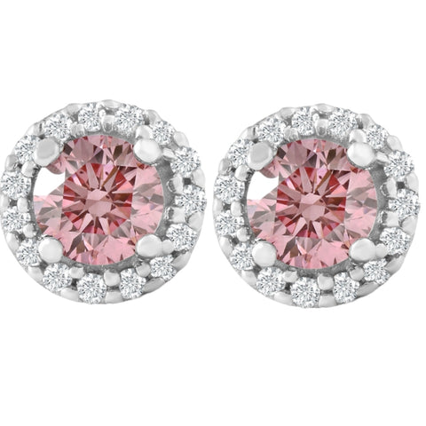 1/2 Ct Halo Pink Diamond Lab Grown Diamond Studs White Gold Screw Back Earrings