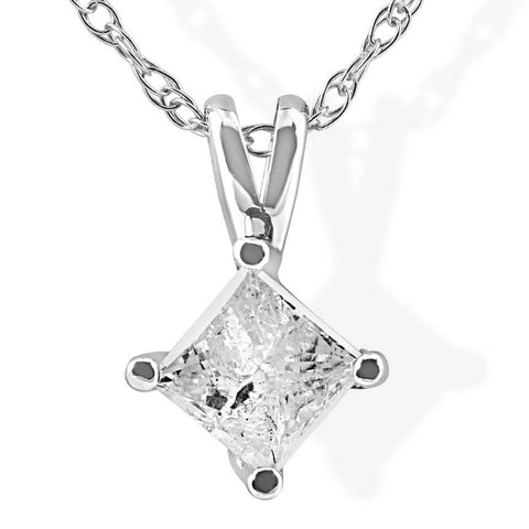 1/3Ct Princess Cut Solitaire Diamond 14K White Gold Pendant & Chain