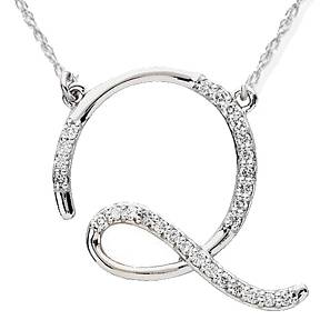Diamond "Q" Initial Pendant 18" Necklace 14K White Gold