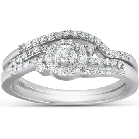 1/3 Ct Diamond Engagement Ring Twist Halo Wedding Band Set White Gold
