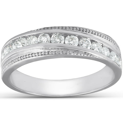 1/2 Ct Mens Diamond Wedding Ring With Bead Accent High Polished White Gold