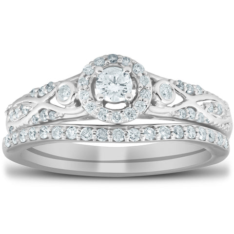 1/2 Ct Halo Round Diamond Vintage Engagement Wedding Ring Set 10k White Gold