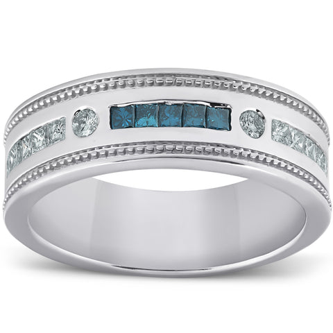 1/2 Ct Mens Blue Diamond Princess Cut Wedding Ring 10k White Gold