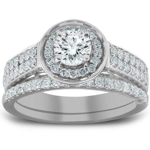 1 1/4 Ct Diamond Halo Double Band Engagement Ring & Wedding Band Set White Gold