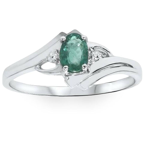1/2ct Genuine Oval Emerald & Diamond Ring 14K White Gold
