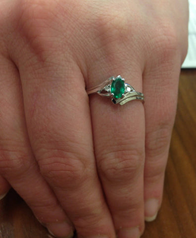 1/2ct Genuine Oval Emerald & Diamond Ring 14K White Gold