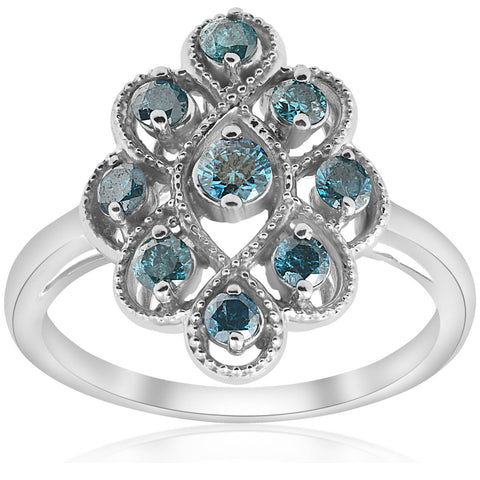 5/8ct Vintage Blue Diamond Womens Anniversary Ring 14K White Gold Jewelry