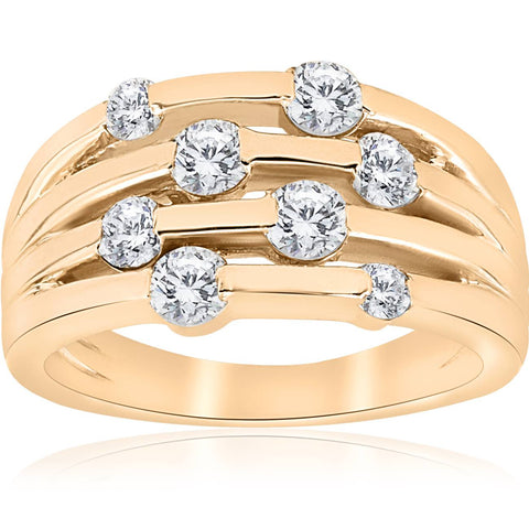 1ct Yellow Gold Real Diamond 14K Right Hand Womens Fashion Multi Row Ring