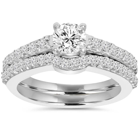 1ct Pave Diamond Engagement Wedding Matching Ring Set 14K White Gold Round Cut