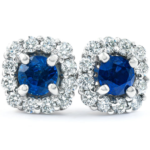 VS 1 3/8 Ct Genuine Blue Sapphire & Diamond Cushion Halo Studs 14k White Gold