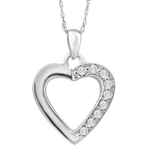10K White Gold 1/10Ct TW Diamond Small Heart Pendant Necklace 1" Tall