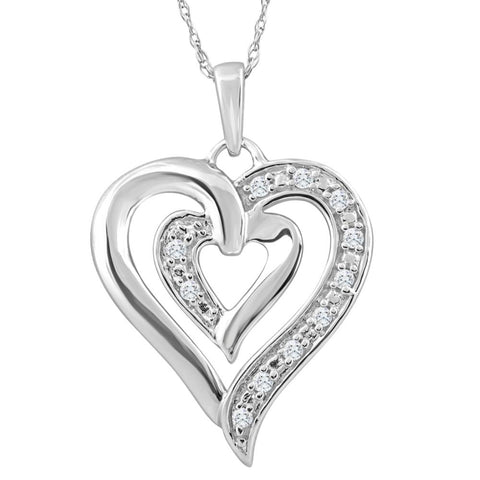 10K White Gold 1/10Ct TW Real Diamond Heart Pendant Necklace 20mm Tall