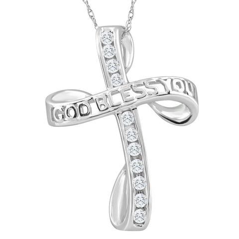 1/3Ct T.W. Diamond Cross 10k White Gold Necklace God Bless You Pendant 18" Chain