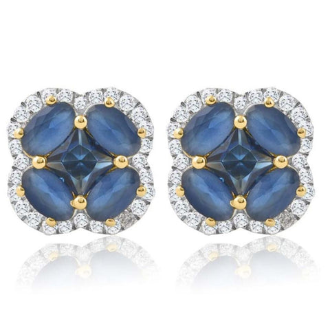 2 1/4Ct Blue Sapphire & Diamond Halo Studs Lab Grown Yellow Gold 10.5mm Earrings