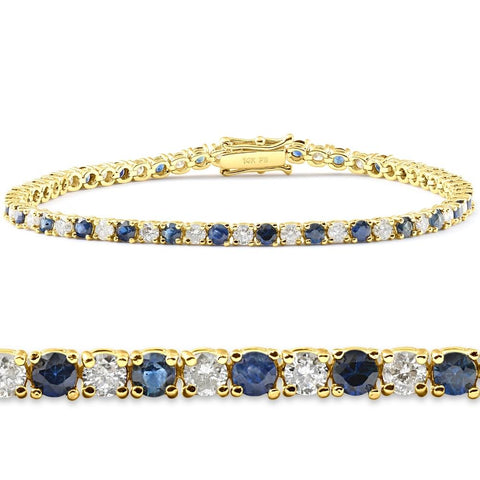 3ct Blue Sapphire & Diamond Tennis Bracelet 14K Yellow Gold 7"