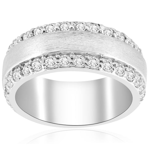 2 3/4 Ct Double Row Brushed Wide Heavy Wedding Anniversary Ring 14K White Gold
