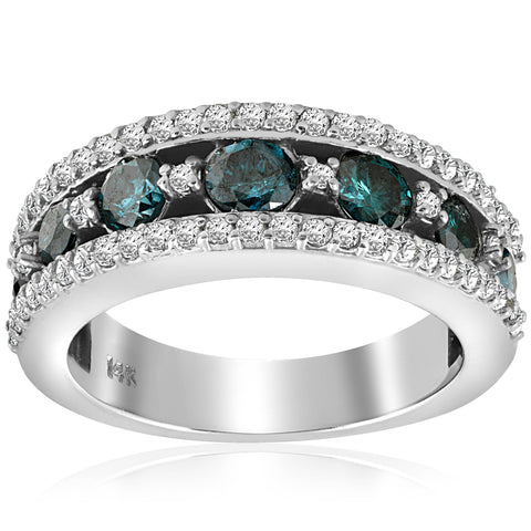 1 3/4ct Treated Blue Diamond & White Wide Wedding Ring 14K White Gold