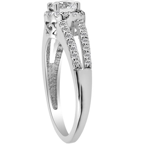 1ct Halo Split Shank Diamond Vintage Halo Engagement Ring 14K White Gold