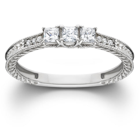 1/3ct Vintage Three Stone Princess Cut Diamond Engagement Ring 14K White Gold