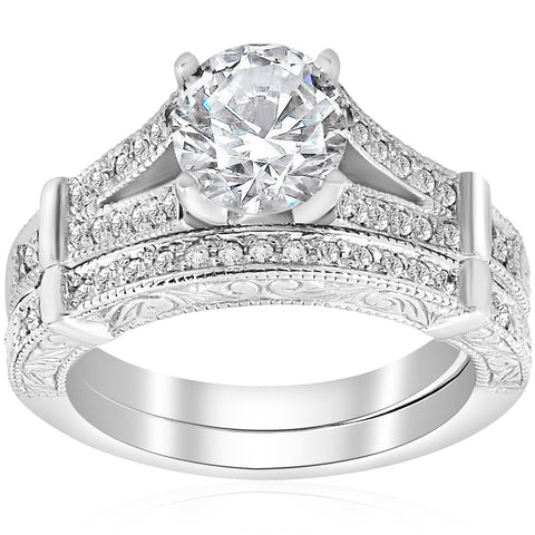 1 1/2ct Diamond Vintage Engagement Matching Wedding Ring Set White Gold Jewelry