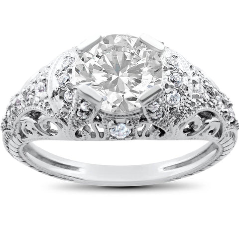 Vintage Enhanced Diamond Engagement Ring 1 1/5ct Filligre Antique 14K White Gold
