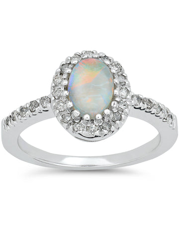3/4ct Oval Opal & Diamond Halo Engagement Solitaire Ring 14K White Gold