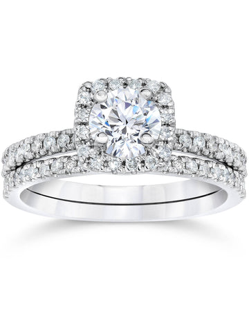 1 ct Diamond Cushion Halo Engagement Wedding Ring Set 14k White Gold