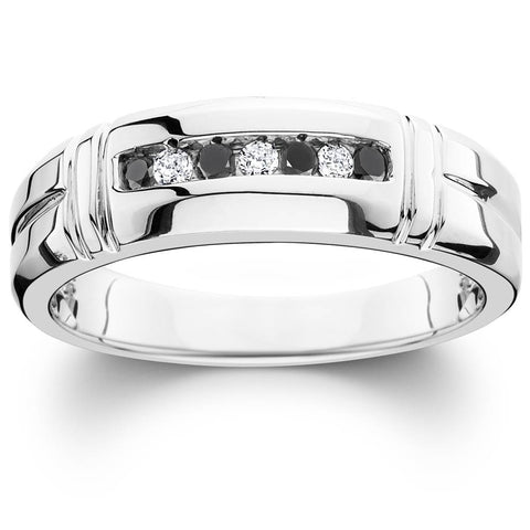 1/3ct Treated Black & White Diamond Mens Wedding Ring 10K White Gold
