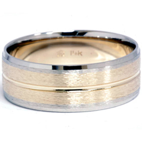 Men's 8mm Flat 14k White & Yellow Gold Two Tone Band Brushed Ring