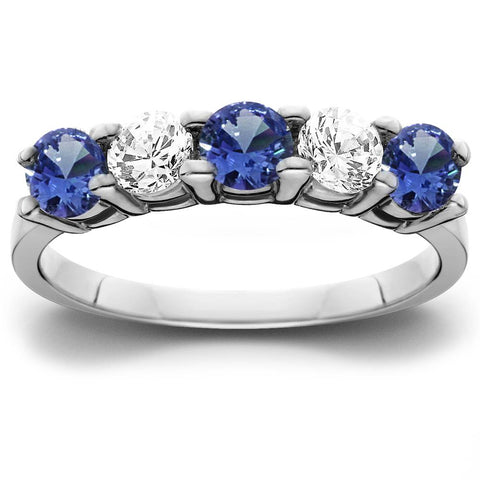 1.00Ct Genuine Blue Sapphire & Natural Diamond 5-Stone Ring 14K White Gold