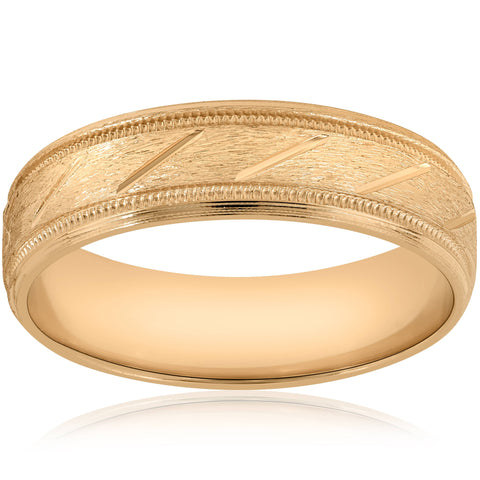 6mm Brushed Hand Carved Wedding Band 10K Yellow Gold