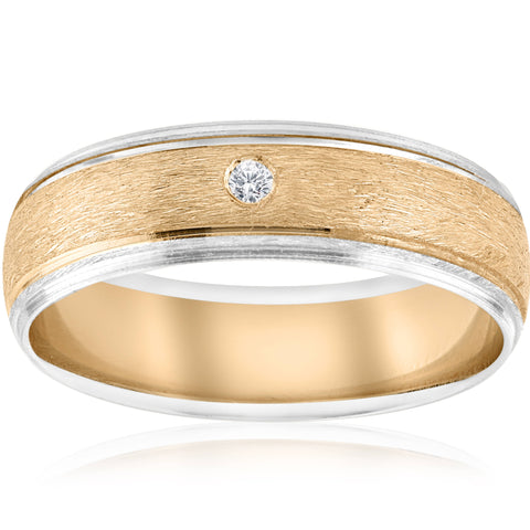 Mens Gold Solitaire Diamond Brushed Wedding Ring Band