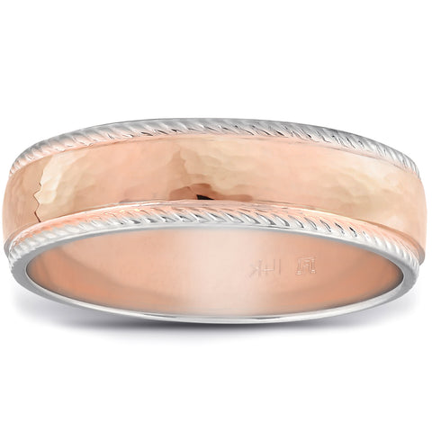 Mens 14k White & Rose Gold Ring Two Tone Polished Hammered & Rope Wedding Band
