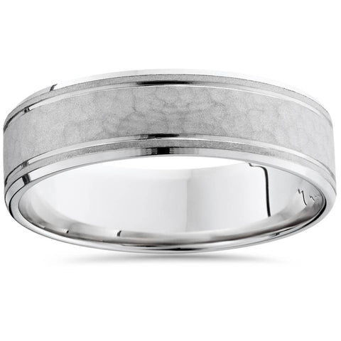Mens Hammered 14K White Gold Comfort Fit Ring Band New